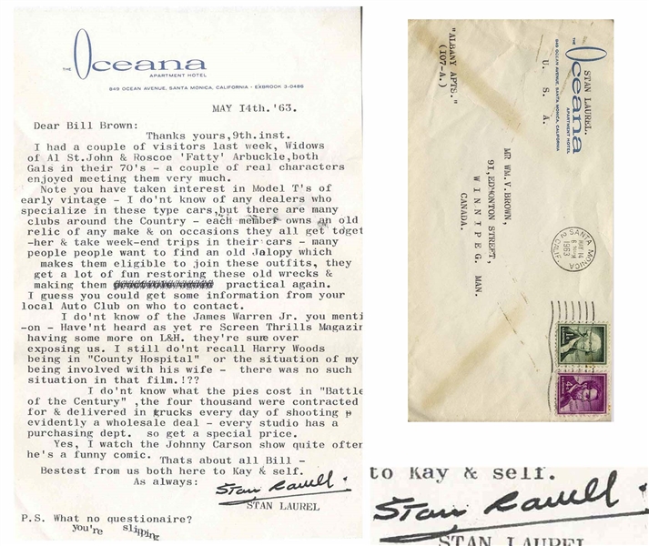 Stan Laurel Letter Signed With His Full Signature, Stan Laurel -- ...I dont know what the pies cost in Battle of the Century, the four thousand were contracted for & delivered in trucks...